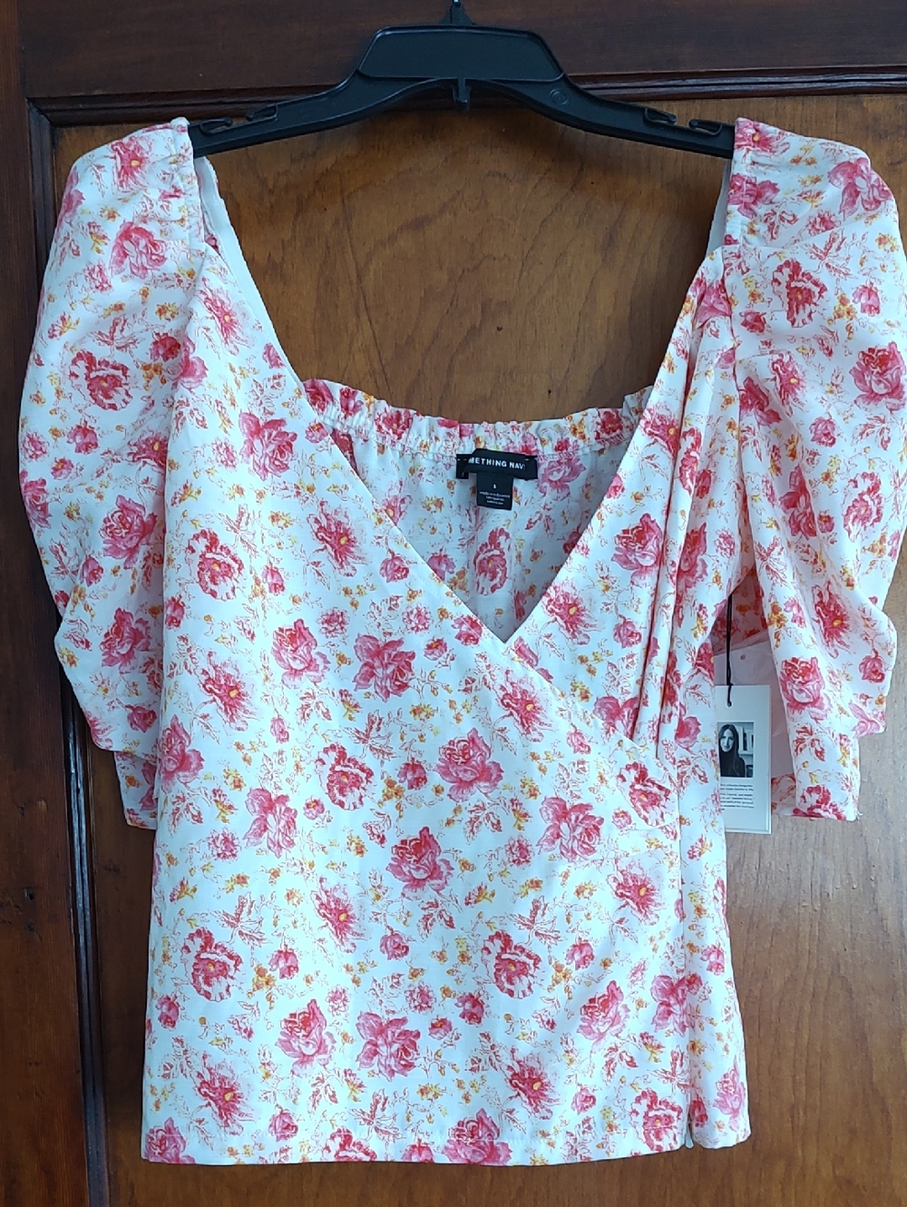 Something Navy White Floral Puff-Sleeve V-Neck Top in Pink and Yellow